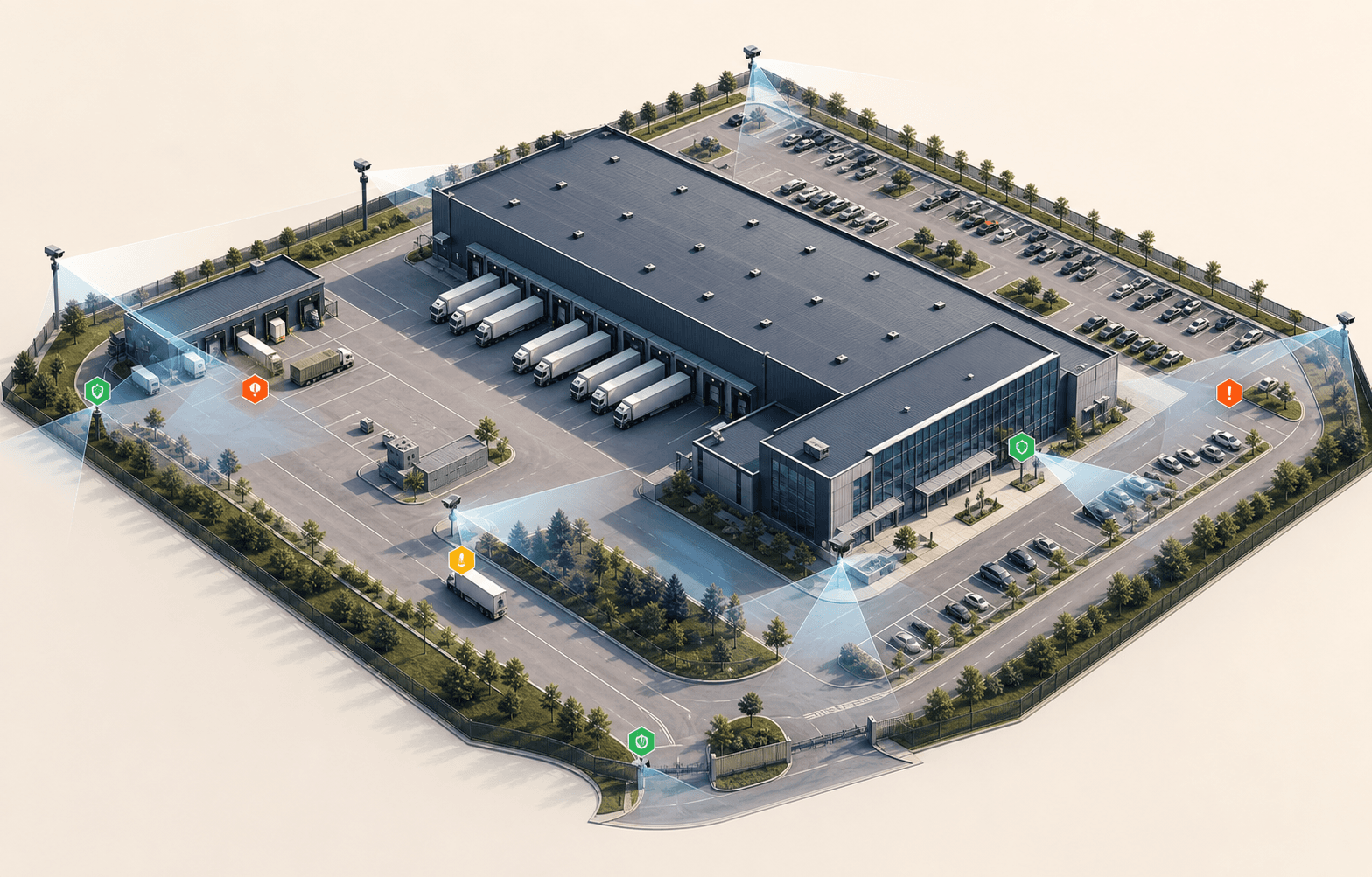 AI CCTV monitoring map showing security camera coverage across a logistics facility